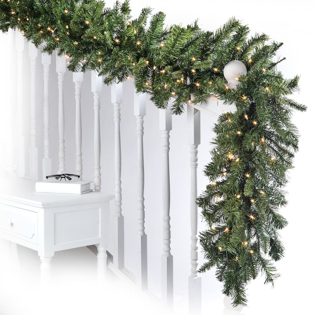 Pre-lit New Zealand Pine Garland 14"X9'150l 320t - Natural Green - 9'L x 14"W