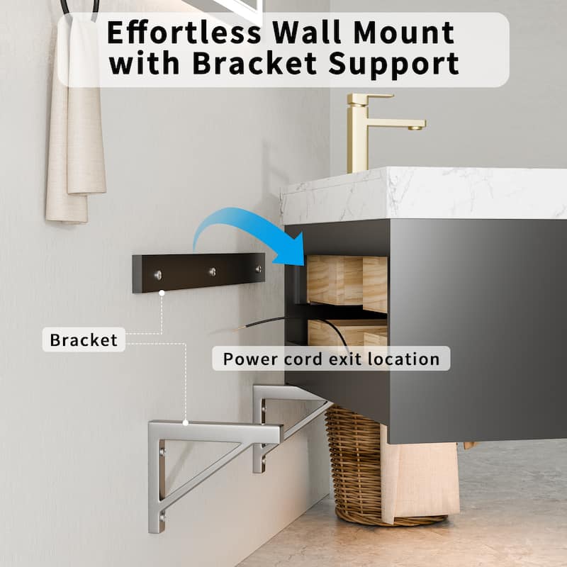 Modland 36/48/60 Inch Black Floating Bathroom Vanity with ETL LED Lights & Soft-Close Drawers, Waterproof Rubberwood