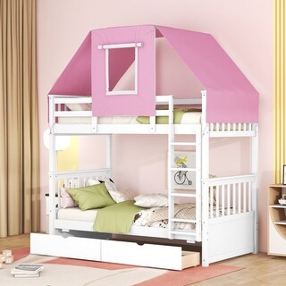 White+Pink Twin Over Twin Solid Pine Wood House-Shaped Bunk Bed with Tent and Drawers, Convertible to 2 Beds
