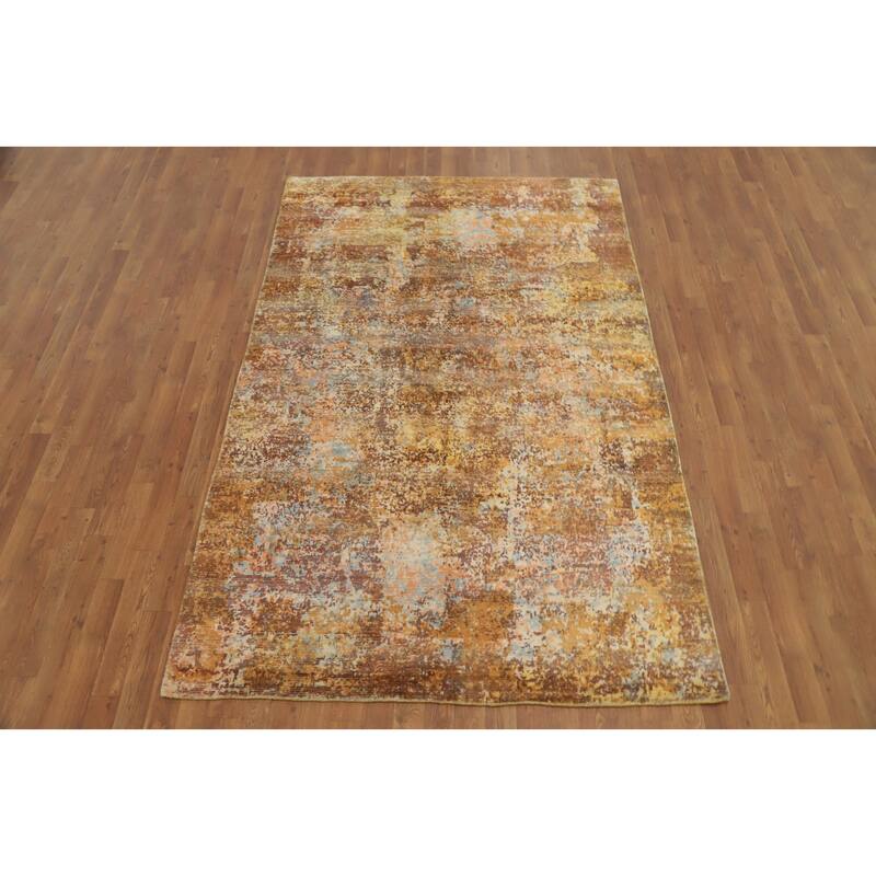Hand Knotted Oriental Viscose Silk Carpet Modern Abstract Yellow & Gold Abstract Area Rug - 8' 0'' X 5' 1''