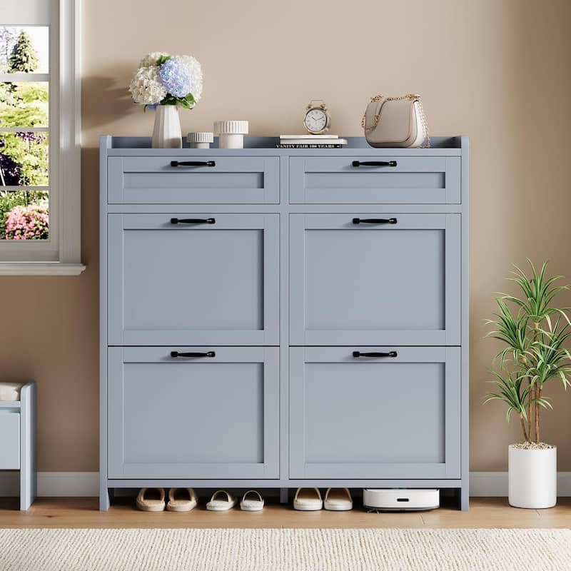 Freestanding Shoe Storage Cabinet Organizer with 4 Flip Drawers for Entryway Hallway Living Room - Blue