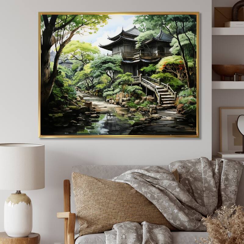 Designart "Japon Art Zen Garden Serenity I" Japanese Framed Wall Art Prints - 44 in. wide x 34 in. high - Gold
