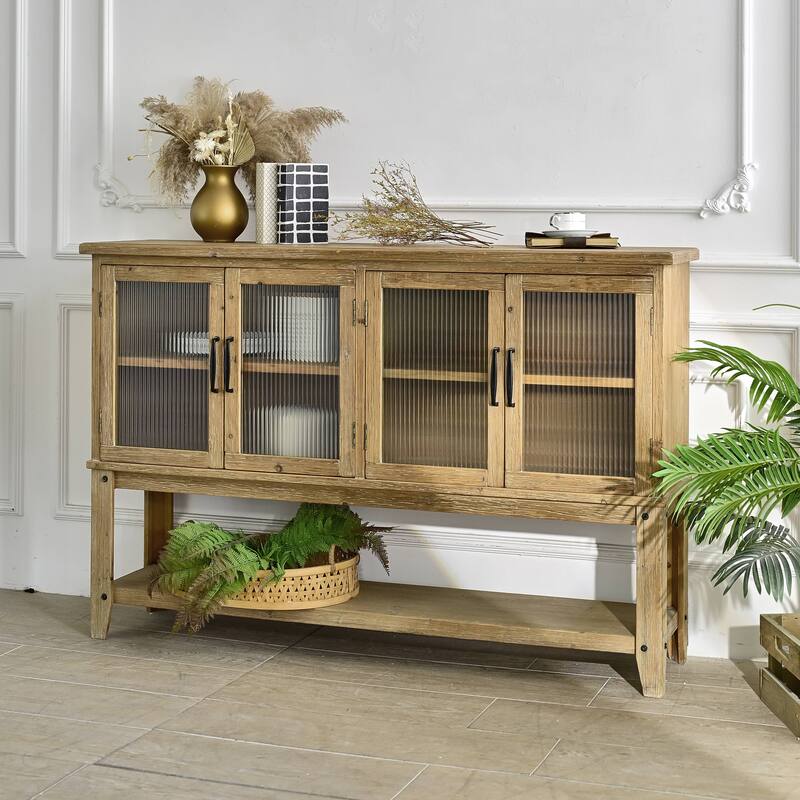 Rossetta 4-Door Elegant Rustic Accent Design Natural Wooden Sideboard Cabinet with Open Storage Shelf