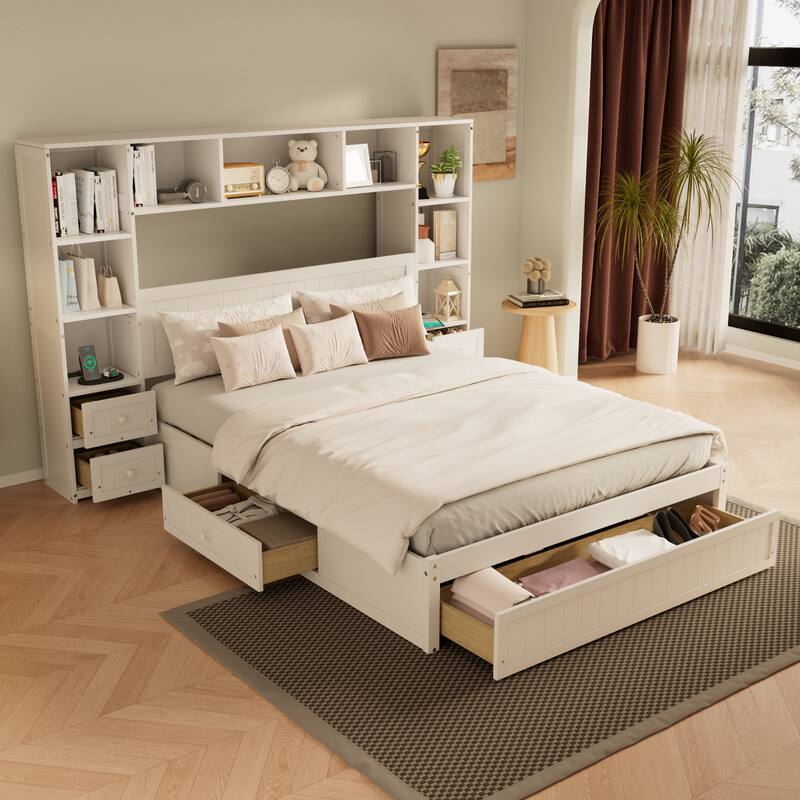 Queen Size Pine Wood Platform Bed with Nightstands, Storage, and Charging Stations - White