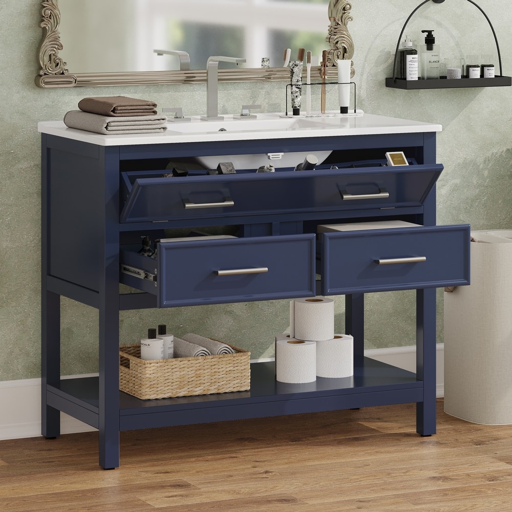 Bathroom Vanity with Sink, Multi-Functional Wood Bathroom Cabinet, Vanities Set with Open Shelf, Tip-Out Tray & 2 Drawers