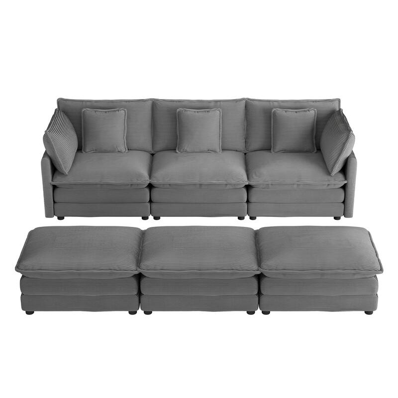 112.6" Corduroy Modular Sectional Sofa with 3 Movable Ottomans, Side Storage Pockets, and Two-Layer Foam Cushions
