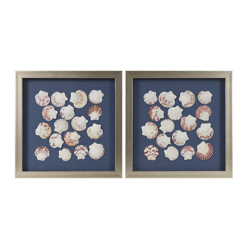 American Art Decor 2-Piece Coastal Seashell & Sea Glass Shadowbox Framed Wall Art Set - Natural Scallop Shell