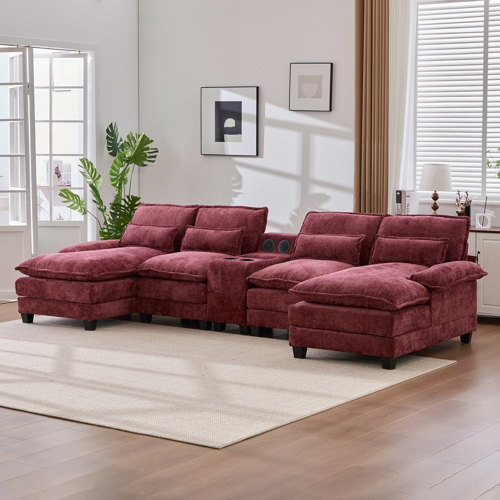 6-seat Chenille Upholstered Modern U-shaped Sectional Multifunctional Sofa with 2 Cup Holders,Pull-out Storage Space