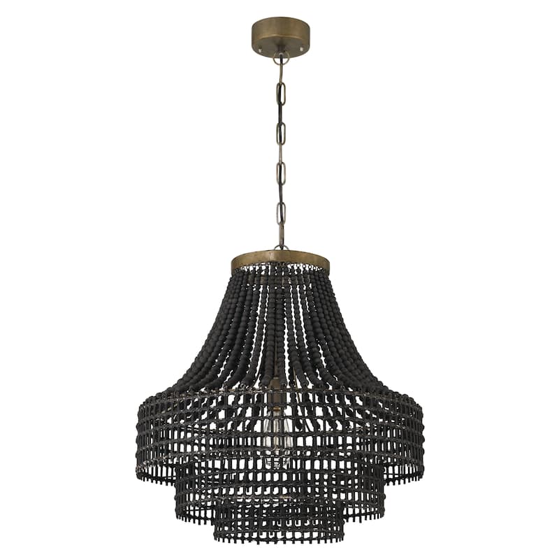 Metal, Rattan and Wood Bead Chandelier - 21.9"L x 21.9"W x 23.4"H - 21.9"L x 21.9"W x 23.4"H - Black