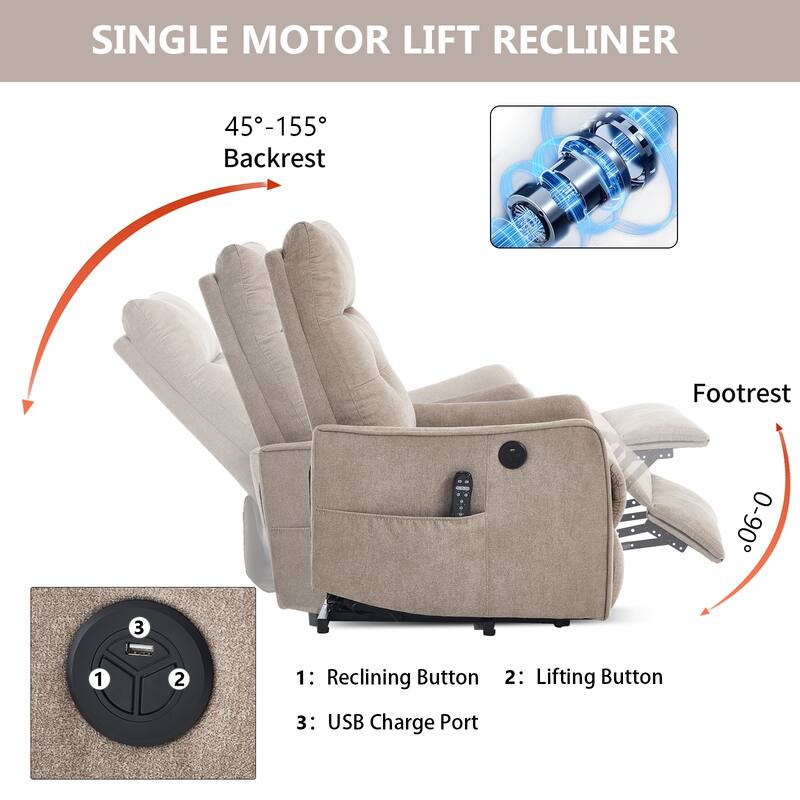 Chenille Single Motor Power Lift Recliner Chair with Massage and Heat for Elderly, Heavy Duty Motion Mechanism and One USB