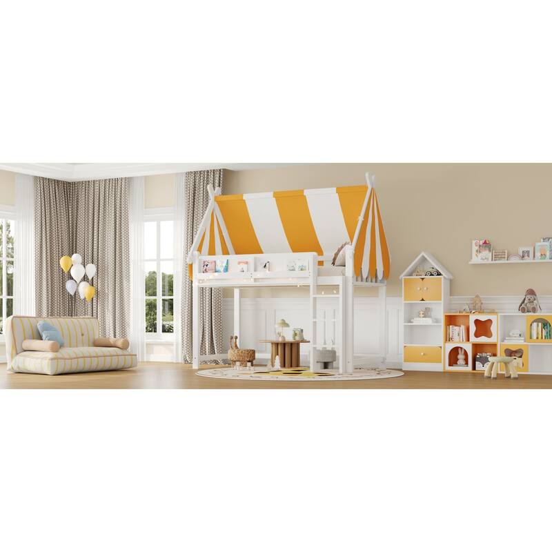 Roomfitters Twin/Full Size Loft Bed with Canopy, LED Lights and Book Shelf