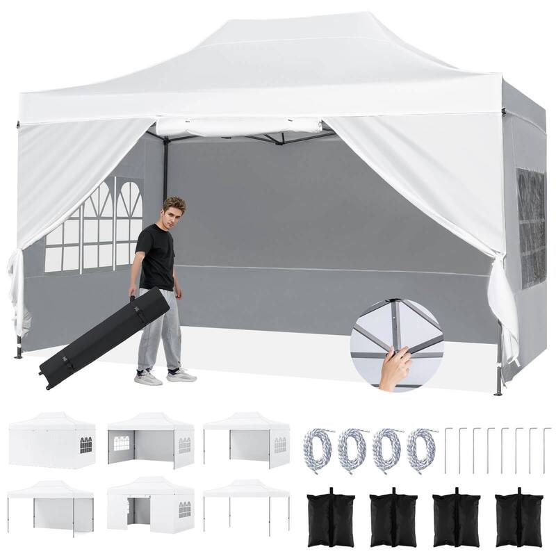 Costway 10 X 14 FT Pop up Canopy Tent with 4 Sidewalls, Wheeled Bag, 4 - See Details - White - See Details