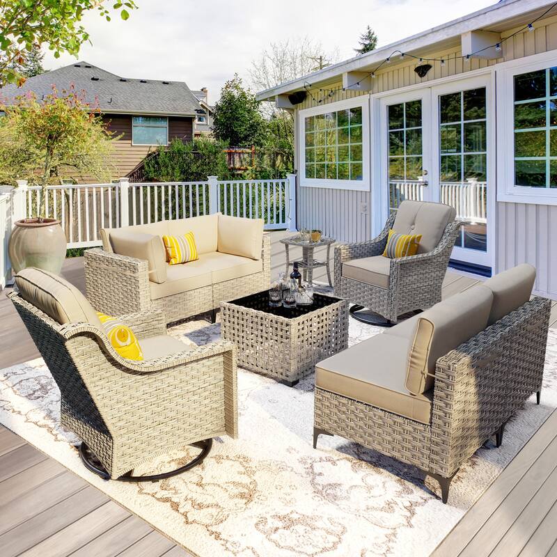 OVIOS 8 Pieces Outdoor Wicker Swivel Chair Set With Solar-Powered Coffee Table