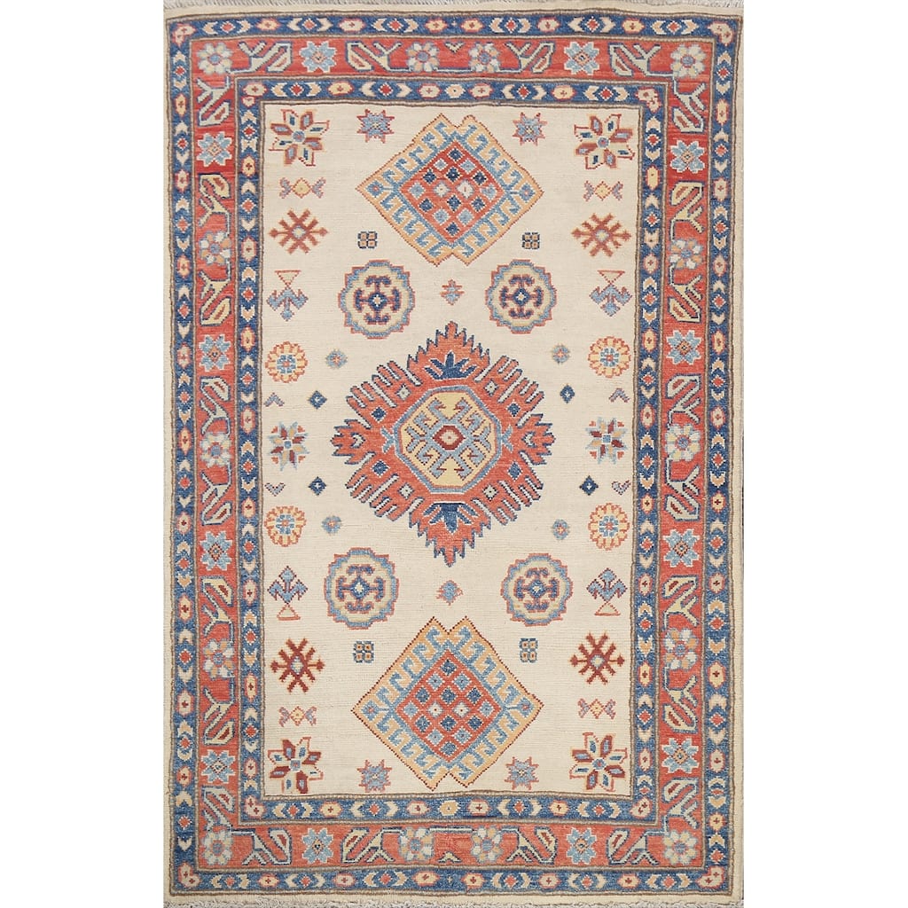 Geometric Kazak Oriental Wool Area Rug Hand-knotted Kitchen Carpet - 3'1" x 4'10"