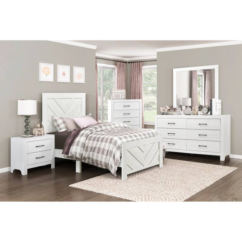 Twin Size Wood Contemporary Panel Bed with V-Pattern Headboard (Bed-in-a-Box)