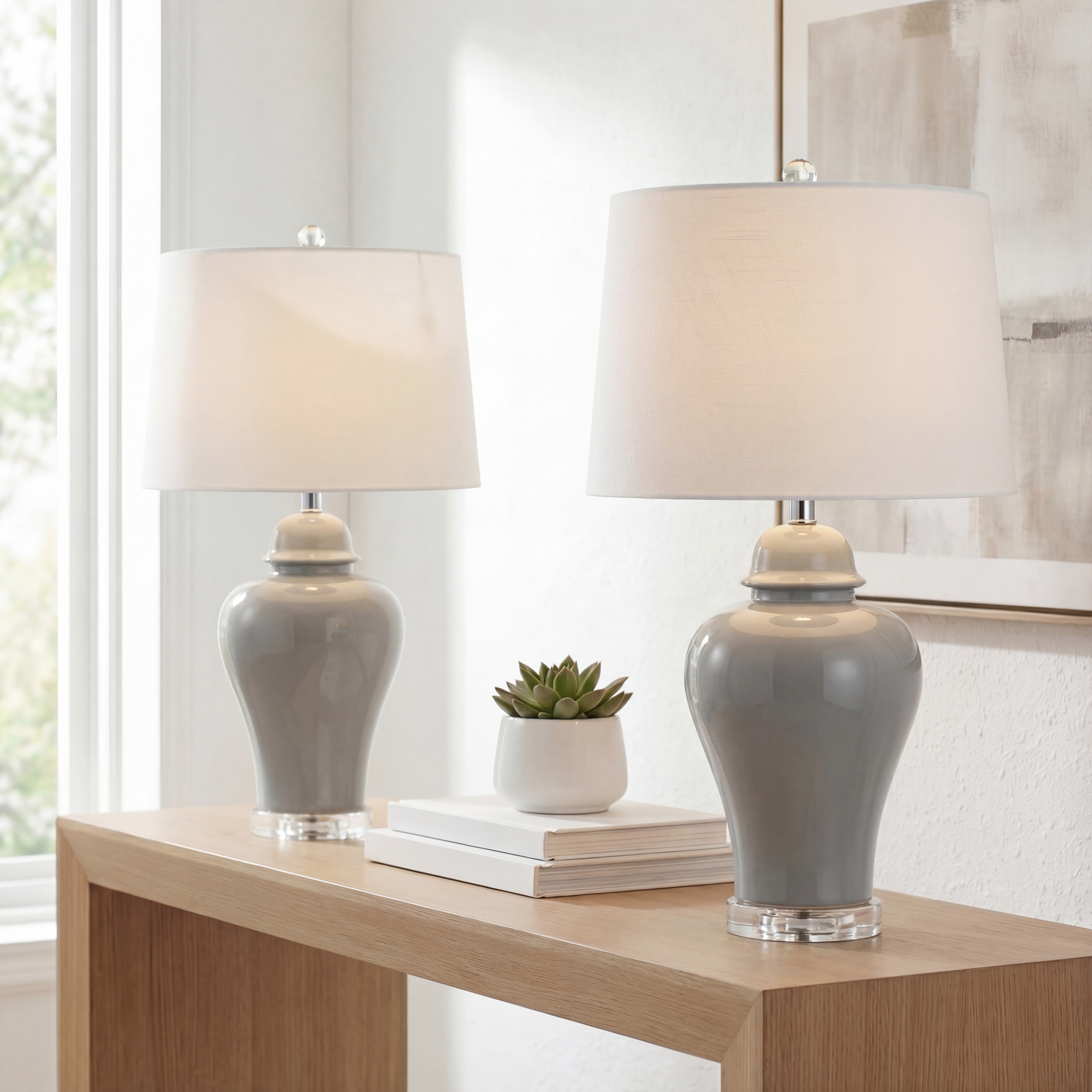 JONATHAN Y Bowen 27" Ceramic Urn LED Table Lamp, Grey (Set of 2)