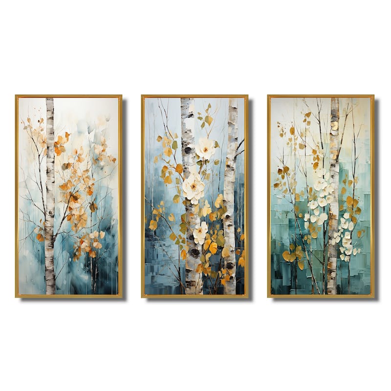 Designart "Birch Woods Whispering Winds VII" Floral Framed Wall Art Set Of 3 Frame Gallery Wall Set For Home Decor