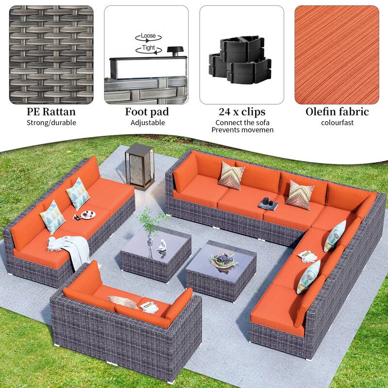 OVIOS 14-piece Deep Seat Wicker Conversation Sectional Set with Glass-top Table