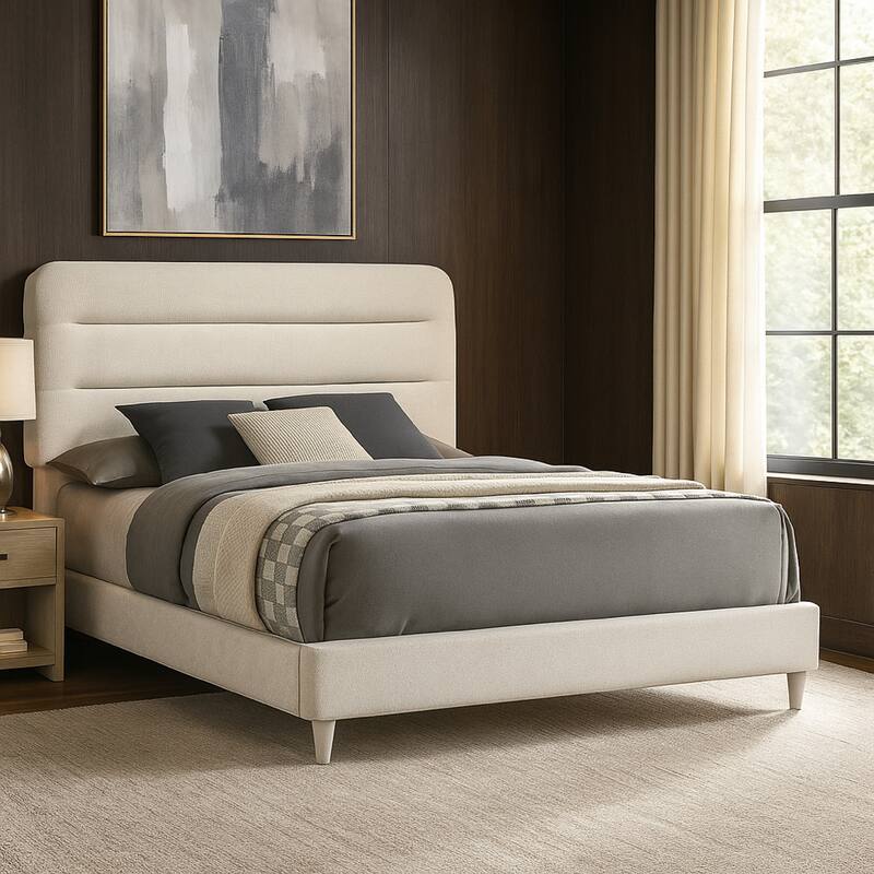 Meni Queen Size Bed, Scandinavian White Upholstery, Panel Headboard