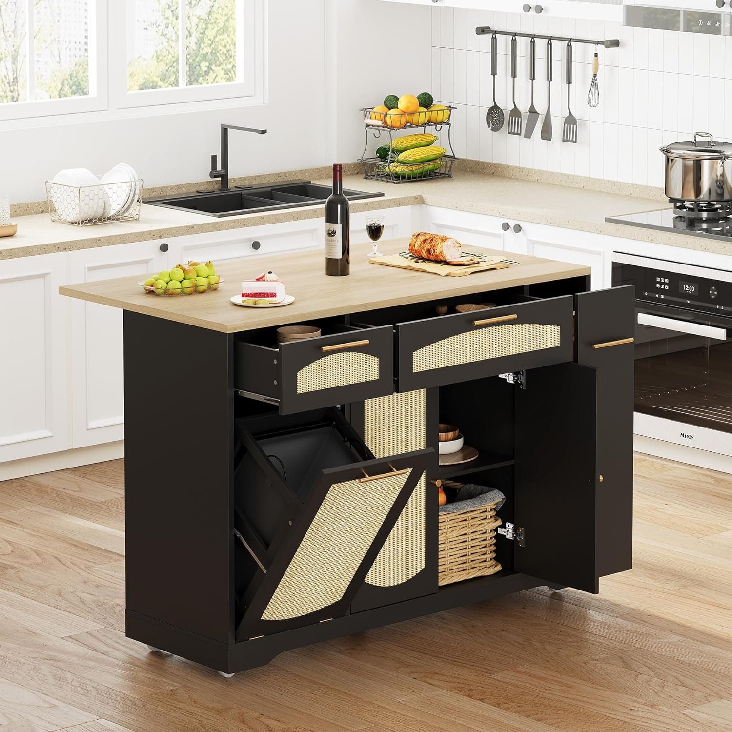 Rattan Kitchen Island with Storage,Rolling Dining Cart with Trash Storage Cabinet