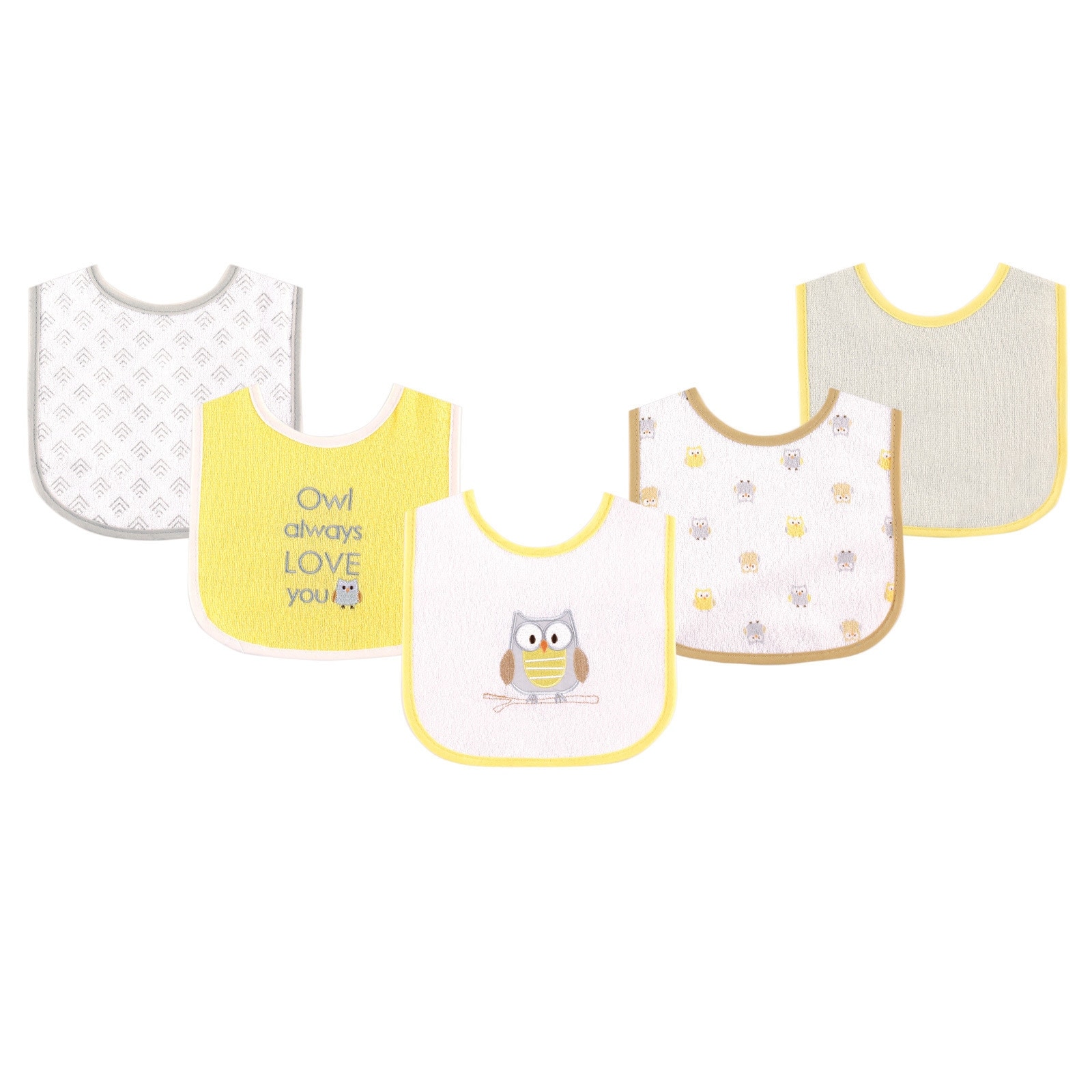 Luvable Friends Baby Cotton Terry Drooler Bibs with PEVA Back 5pk, Owl, One Size - Owl - One Size