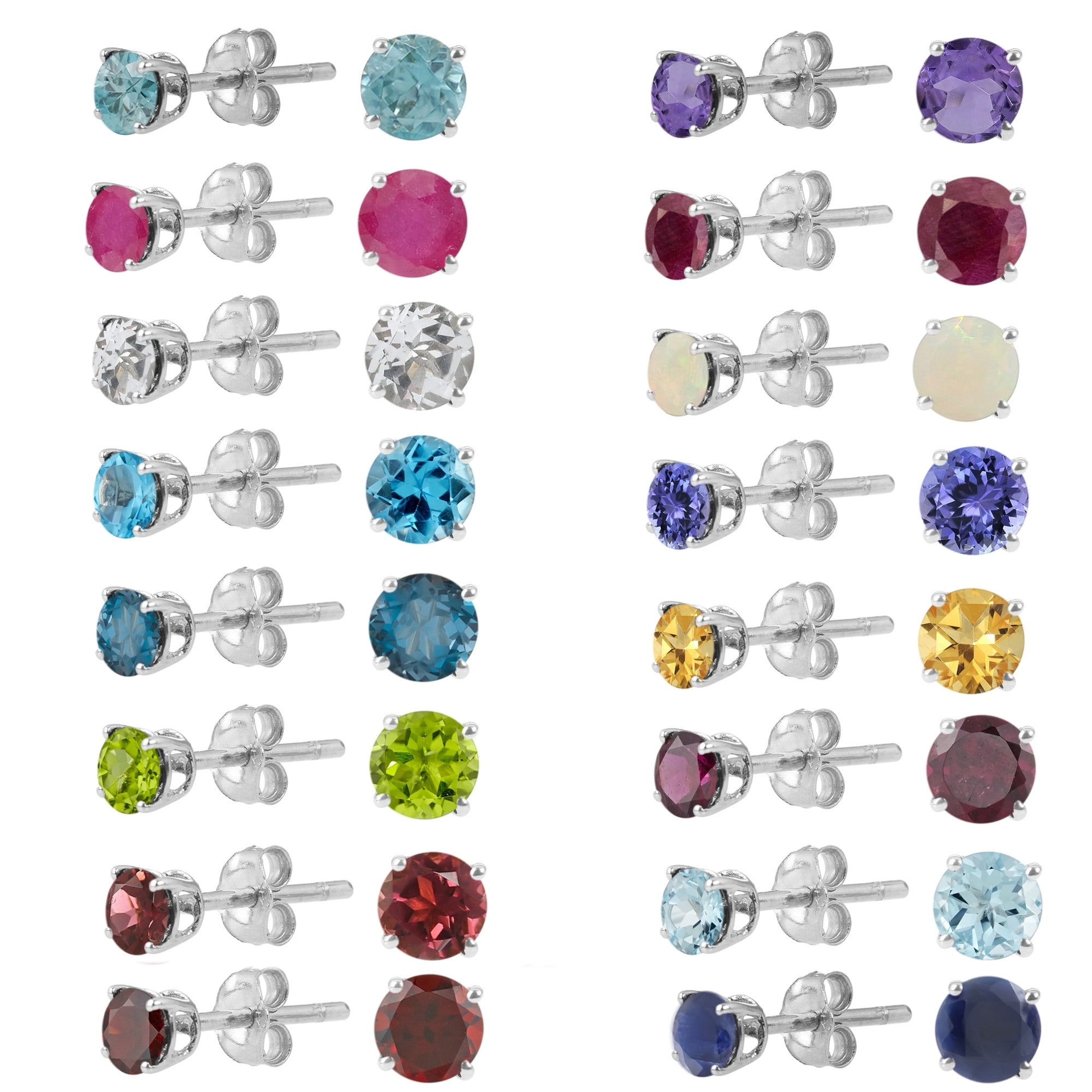 Pinctore Sterling Silver Round 4mm Gemstone Birthstone Stud Earrings