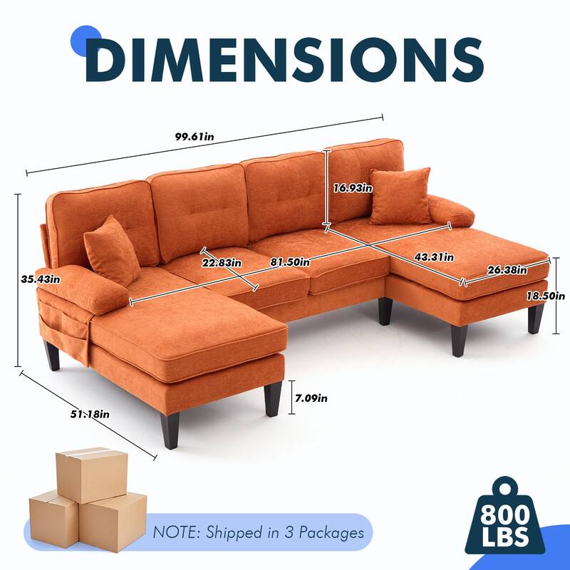 HOMEFUN Linen Upholstered U-Shaped 4-seater Tufted Wood Frame Sectional Sofa with Side Pocket