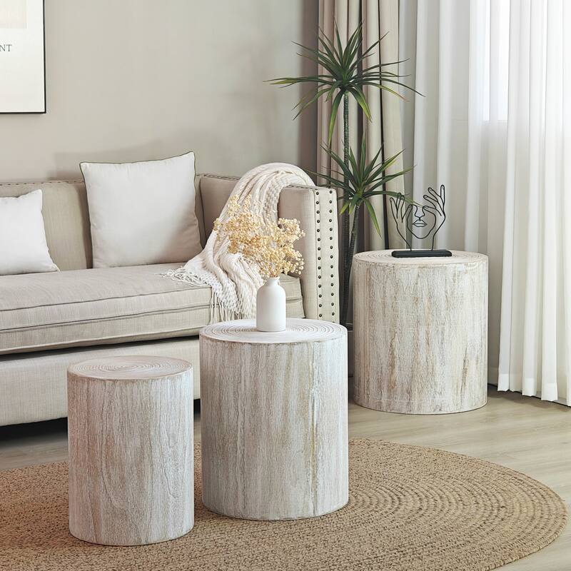 Roomfitters Round Wood Coffee Table Set of 3 with Natural Finish, Nesting Accent & Side Tables, Tree-Stump Design