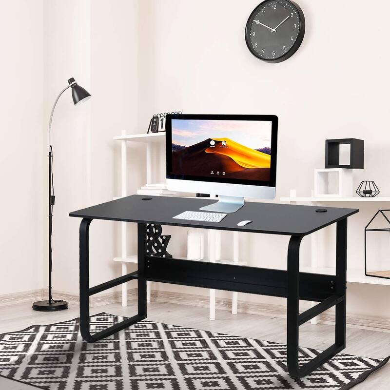 Modern Black Meatal Computer Office Desk Personal With Storage shelves