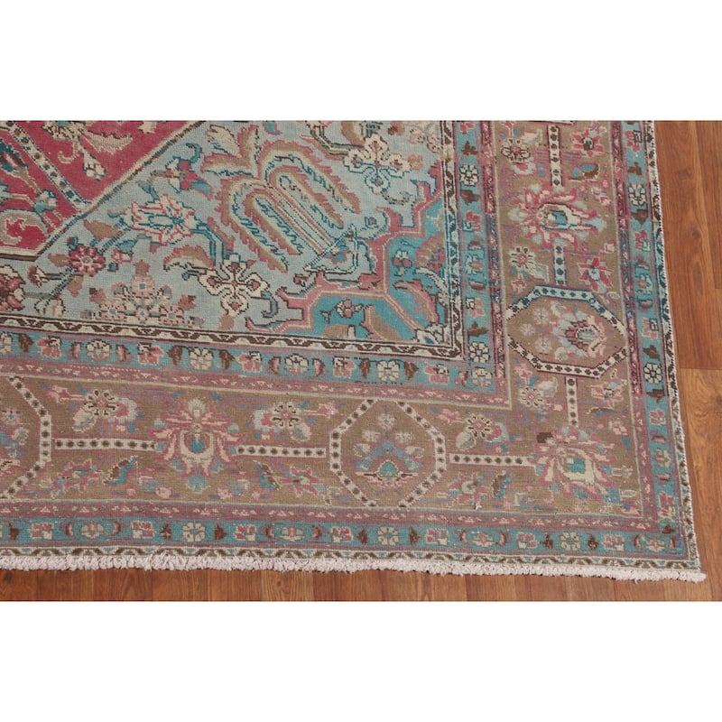 Pink Distressed Tabriz Persian Vintage Area Rug Handmade Wool Carpet - 9'9" x 12'11"