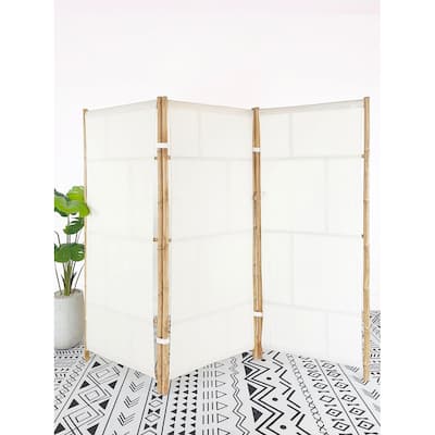 Handcrafted Bamboo Folding 3-Panel Room Divider Privacy Screen, Ecru Fabric