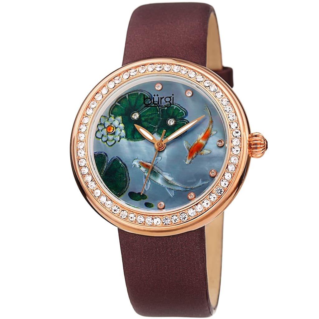 Burgi Ladies Koi Pond Crystal Brown Leather Strap Watch
