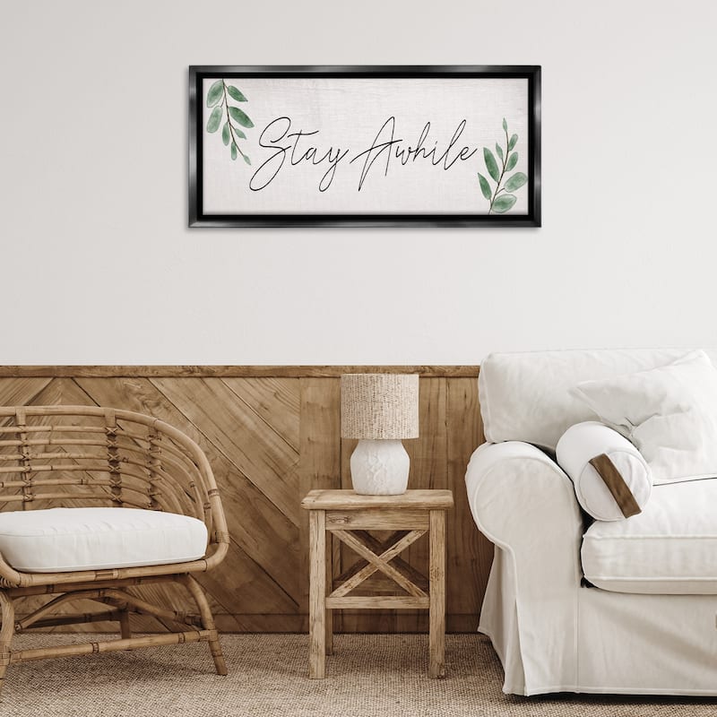 Stupell Stay Awhile with Plant Sprigs Framed Floater Canvas Wall Art Design By Lil' Rue