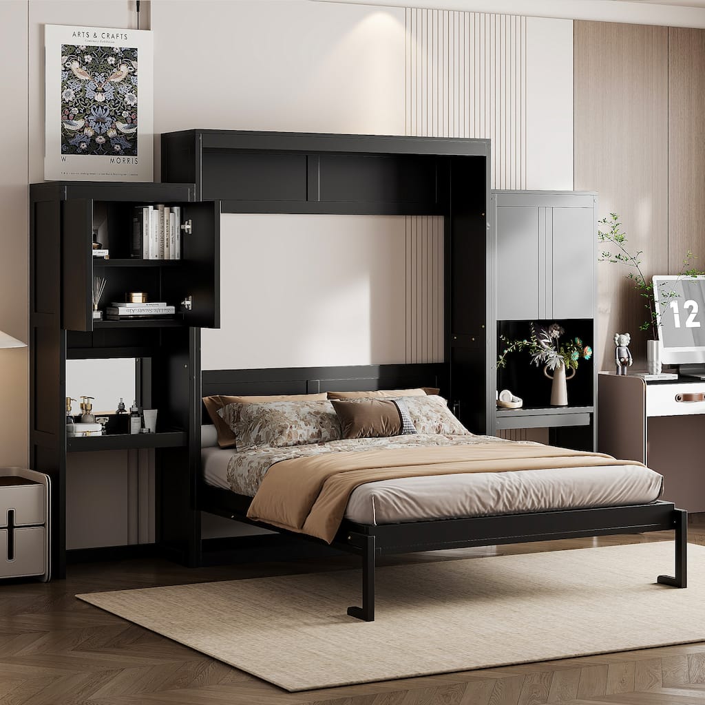 Queen Murphy Bed with Built-In Desk, Vanity & Cabinets, All-in-One Wall Bed System