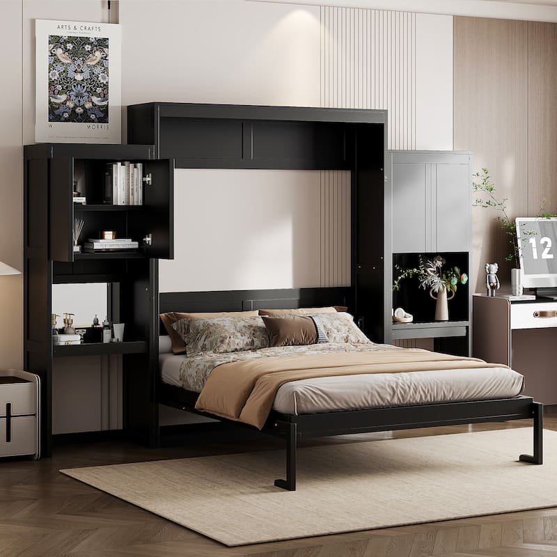 Queen Size Murphy Bed with Desk, Vanity, and Cabinets in Espresso