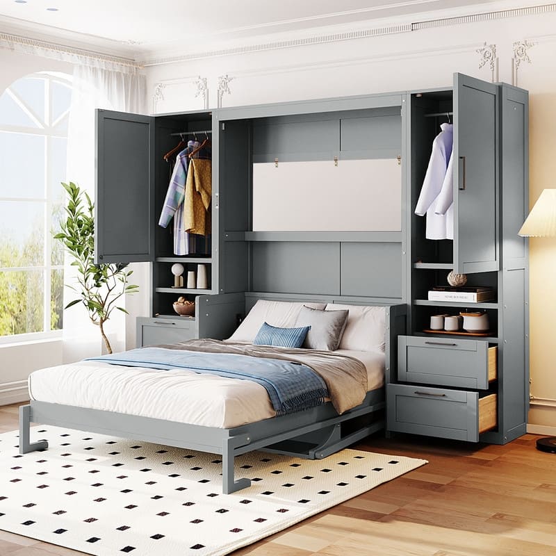 Full Size Murphy Bed Wall Bed with Closet ,Drawers and Shelves - Gray