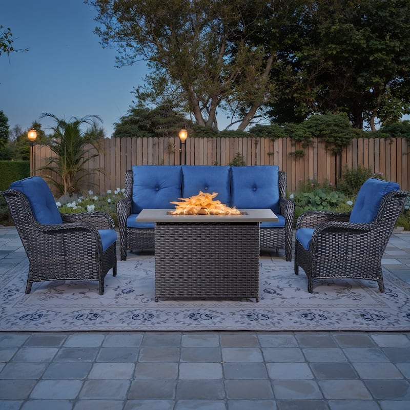 Outdoor Sofa Couch with 41" Fire Pit Table - Blue - Brown