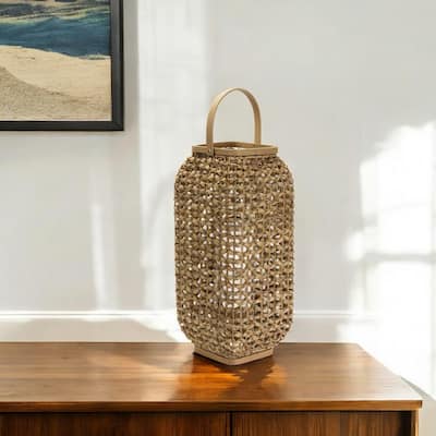20" Natural Glass and Wicker Woven Floor Lantern Candle Holder - One Size