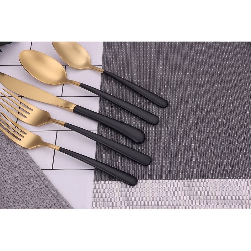 20 Pc Flatware Set Matte Gold With Black Handles - Service For 4