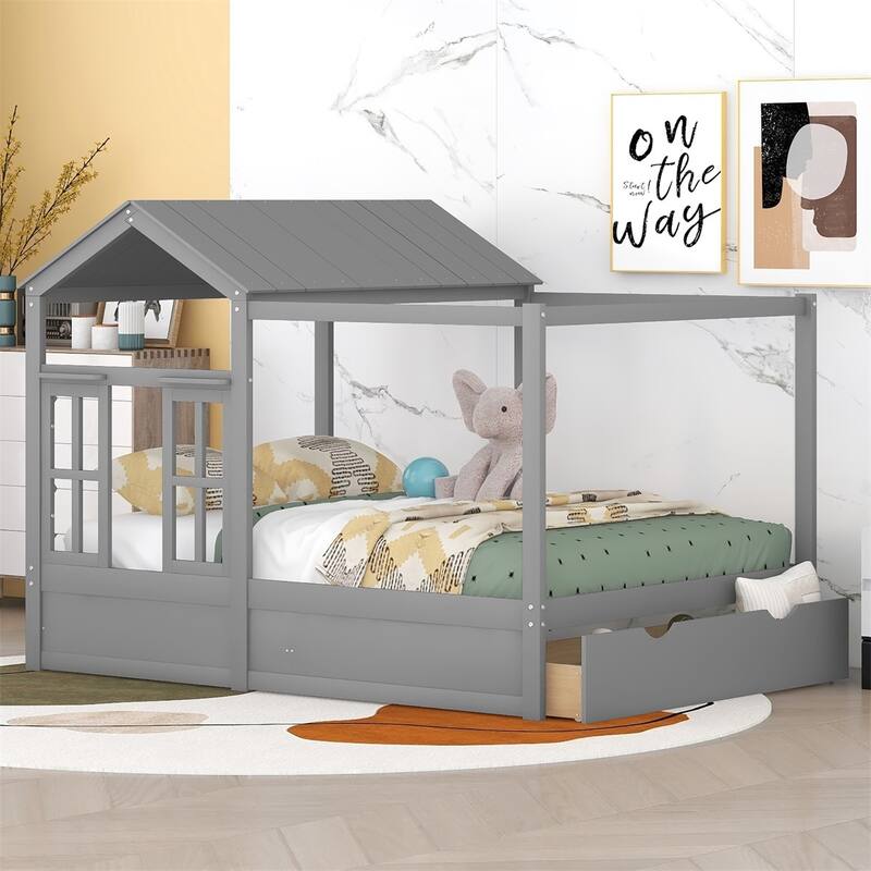 Merax House Bed with Roof, Window and Drawer