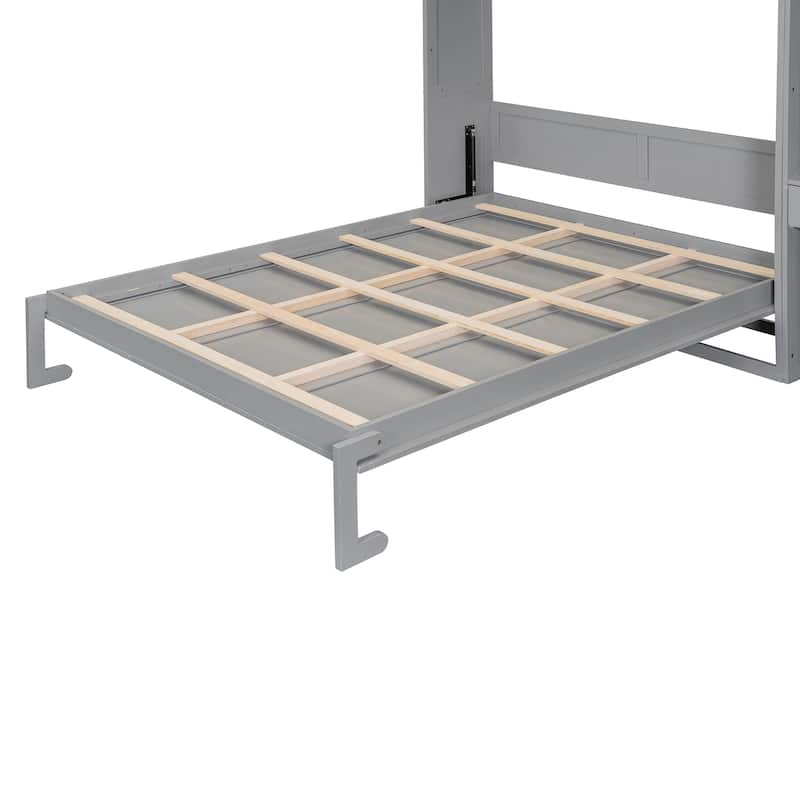 Queen Size Murphy Bed with Built-In Desk and Storage,3 Top Cabinets, Shelves and Workspace