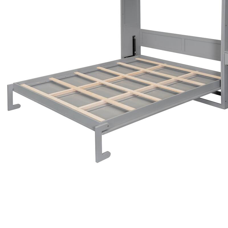 Queen Size Solid Wood Murphy Bed with Built-In Desk, Cabinets & Shelves, Foldable Wall Bed, Multifunctional Storage
