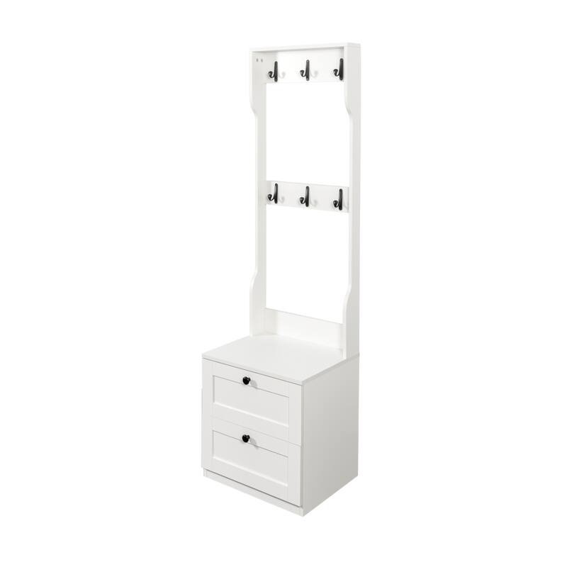 2-in-1 Freestanding Wood Coat Rack with Drawer and Hooks
