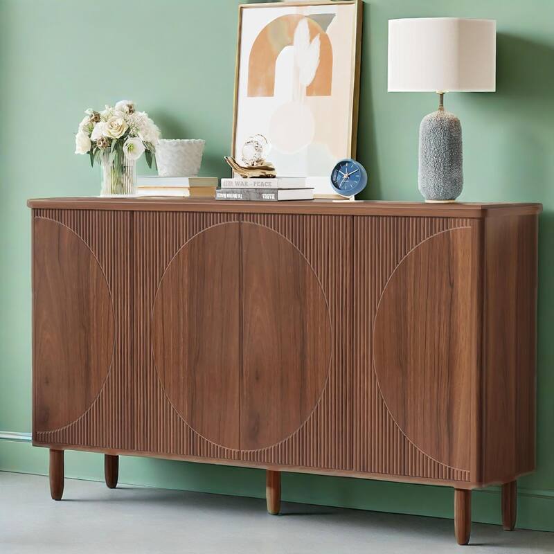 Modern Walnut Buffet Cabinet with Semicircle Doors and 4 Tier Storage for Living or Dining Room - 59.44" x 14.17" x 33.85"