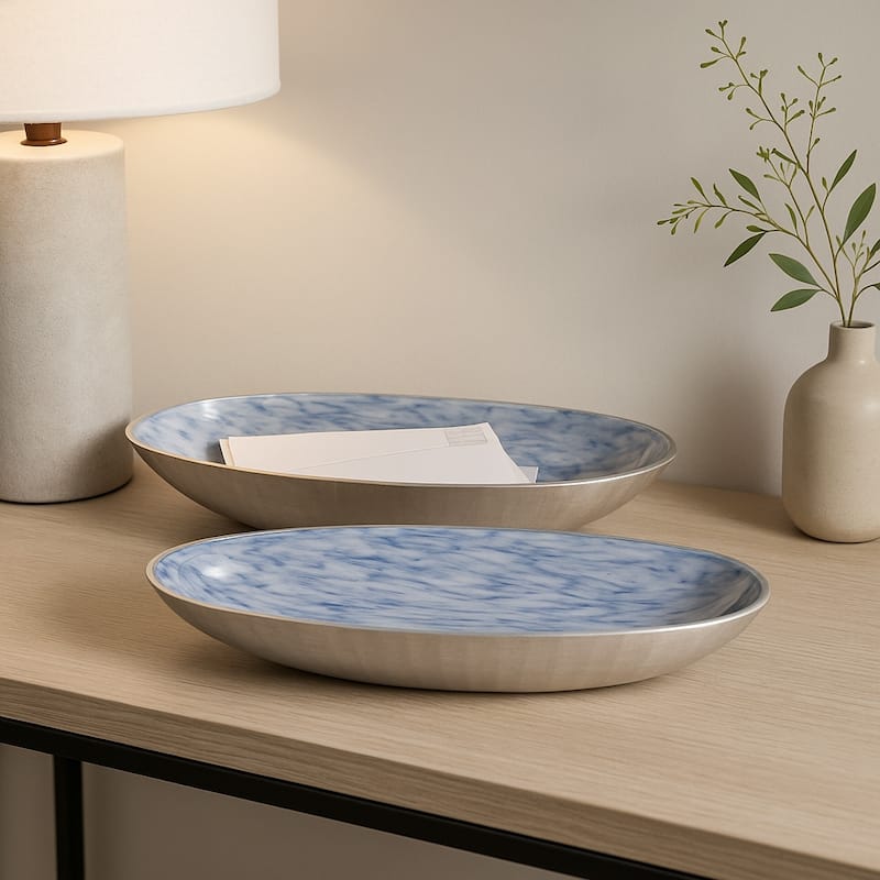 Oval Metal Bowls Sculptural Design -Set of 2 - 20", 23" - 23.0" - Blue/ Metallic