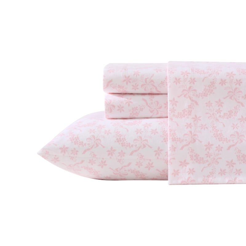 Laura Ashley Printed Cotton Flannel Sheet Set - Antoinette Pink - Queen