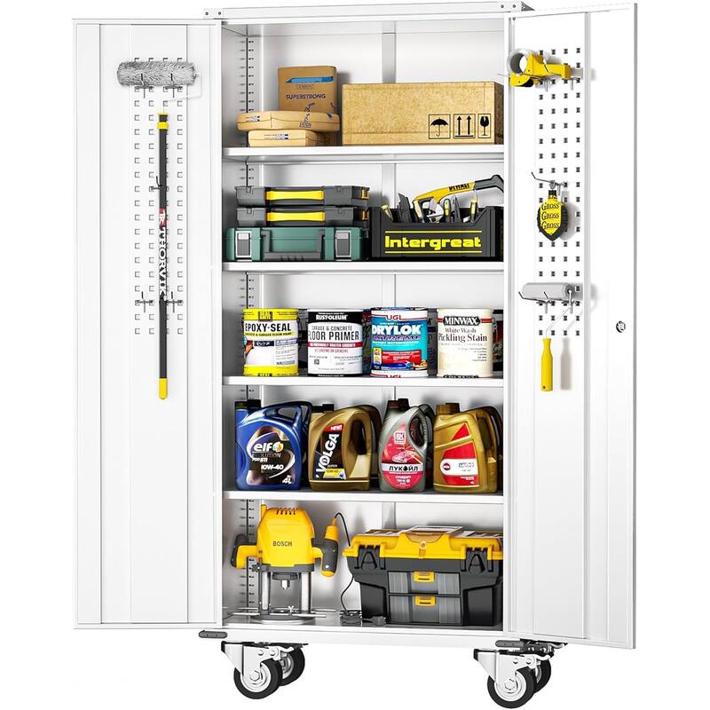 75 inch Metal Garage Storage Rolling Tool Cabinet with Locking Doors and Adjustable Shelves - 72''H - White