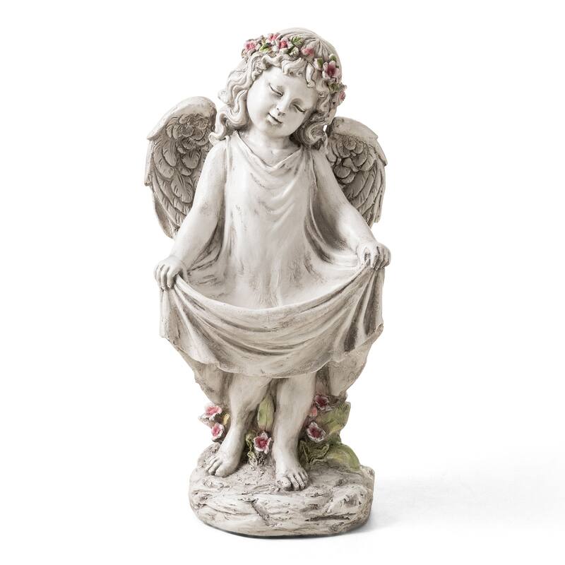 Glitzhome Vintage MgO Angel Distressed Garden Statue Sculpture with a Birdfeeder