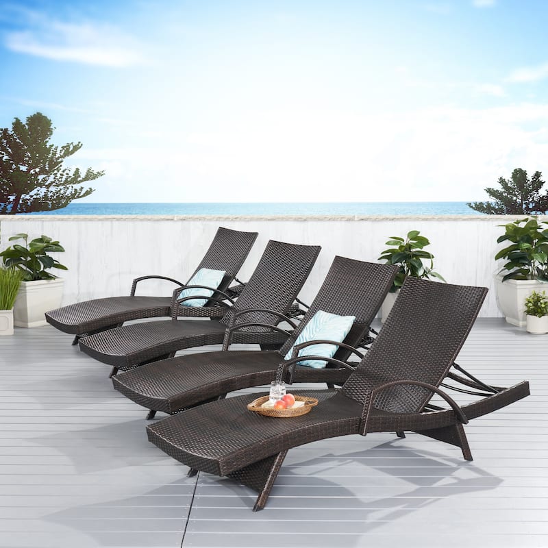 Salem Outdoor Wicker Adjustable Chaise Lounges w/ Arms (Set of 4) by Christopher Knight Home - Brown