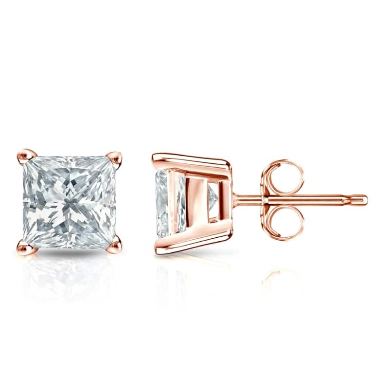 Auriya 14k Gold Lab Grown Princess Diamond Stud Earrings 0.50 to 5.00 ct. tw. 4-Prong Basket Push-Back (F-G VS) - Rose - 2.00 ct. tw.